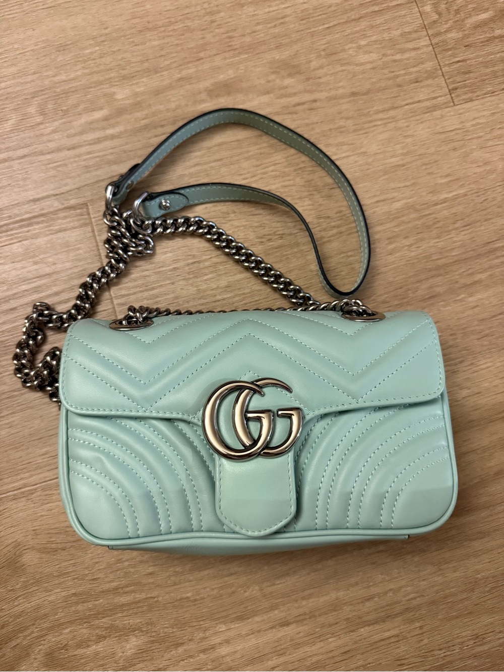 GG Marmont Mini 446744 Mint Green Leather Silver Hardware Shoulder Bag